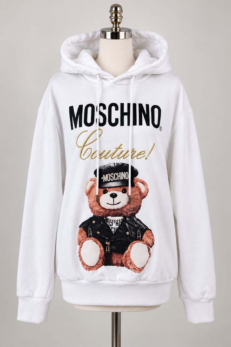 Moschino Couture Biker Teddy Bear Hoodie White Size: Large
